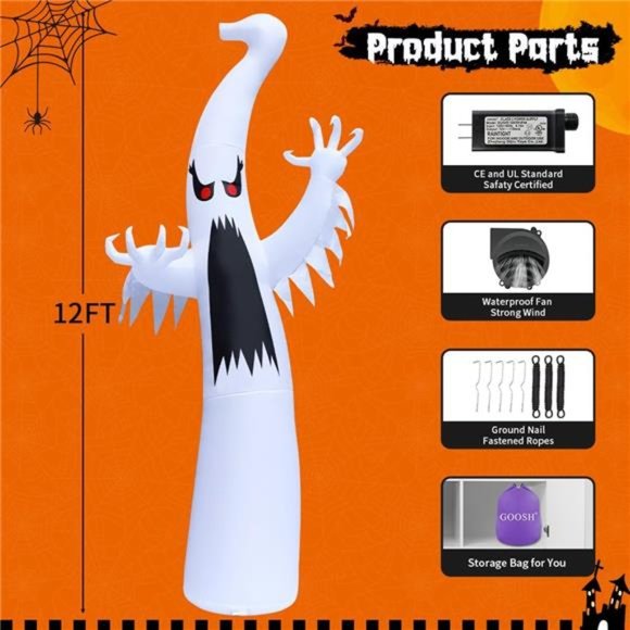12 FT Halloween Inflatable High Ghost Red Eye with Built-in LEDs - Picture 6 of 6